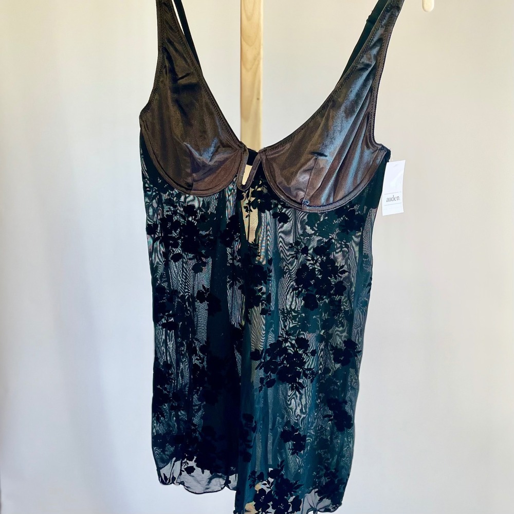 Auden Black Floral Mesh Babydoll Chemise Lingerie Underwire Velvet Flocked M